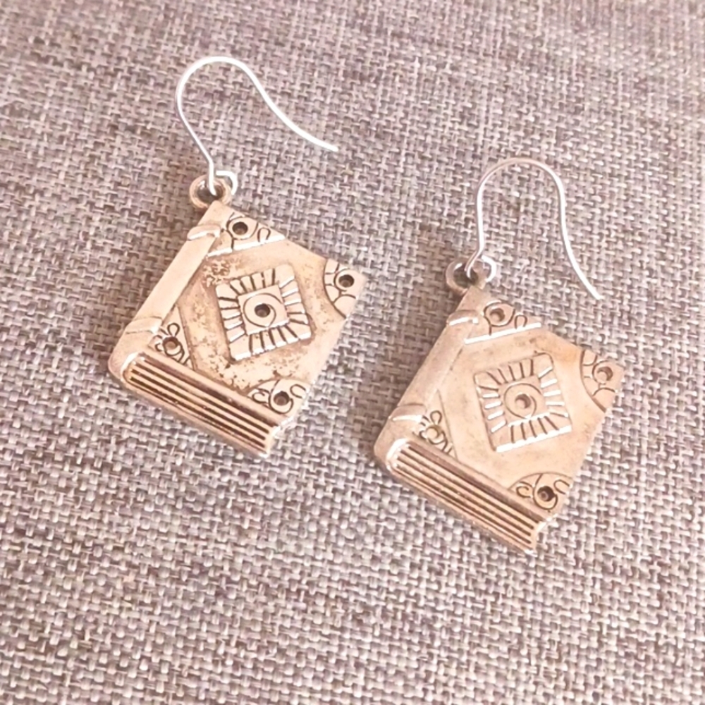 Antique Silvertone Book Earrings- Pre-loved (1.75")